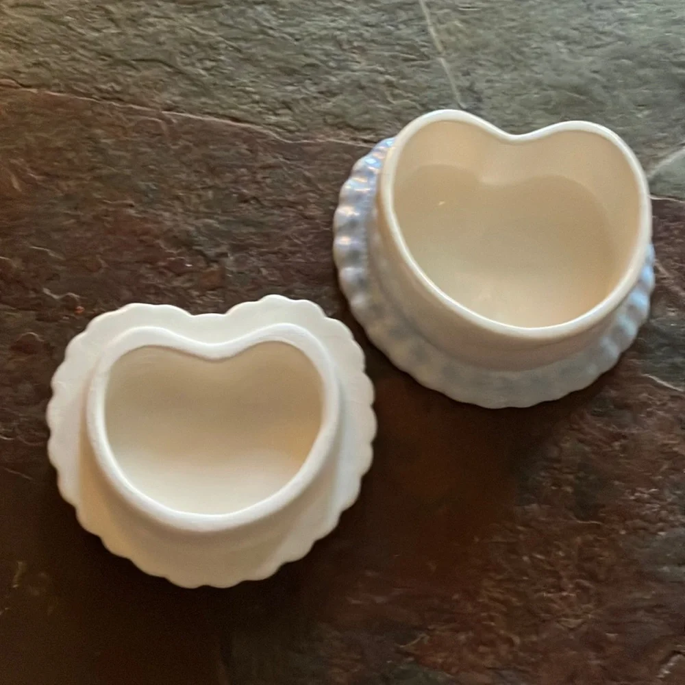 Heart-Shaped Porcelain Trinket Box with Blue‎ Rose and Ruffle Accents - Vintage